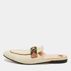 Pre Owned Gucci Princetown Size 41 Cream Canvas Web Horsebit Flat Mules