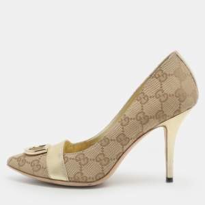 Pre Owned Gucci D Ring Size 35 Beige/Gold Canvas and Leather Pumps