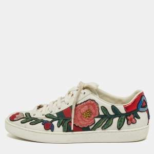 Pre Owned Gucci Ace Size 37 White Leather Floral Embroidered Low Top Sneakers