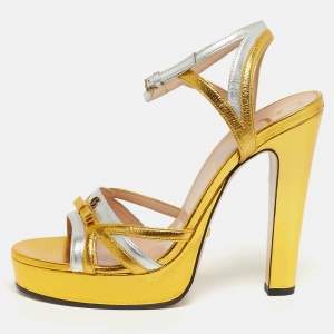 Pre Owned Gucci Alison Size 38.5 Silver/Gold Leather Platform Ankle Strap Sandals