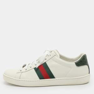 Pre Owned Gucci Ace Size 37.5 White Croc Embossed and Leather Lace Up Sneakers