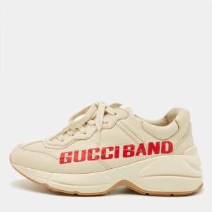 Pre Owned Gucci Rhyton Size 38.5 Cream Leather Low Top Sneakers