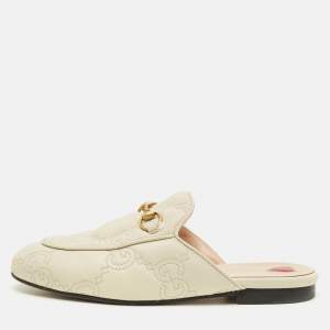 Pre Owned Gucci Princetown Size 37 Off White GG Matelassé Leather Flat Mules