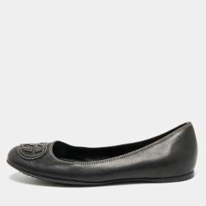 Pre Owned Gucci Interlocking GG Size 35.5 Black Leather Ballet Flats