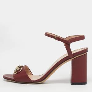 مملوكة مسبقًا Gucci Horsebit Size 36.5 Red Leather Block Heel Ankle Strap Sandals