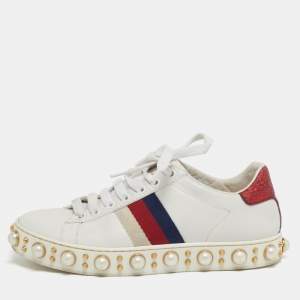 Pre Owned Gucci New Ace Size 35 White Leather and Python Embossed Faux Pearl Embellished Web Low Top Sneakers