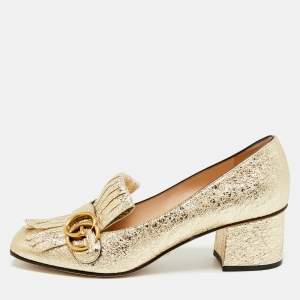 Pre Owned Gucci GG Marmont Size 39.5 Gold Foil Leather Fringe Block Heel Pumps