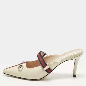 Pre Owned Gucci Horsebit Size 38.5 Cream Leather Emma Web Strap Mules