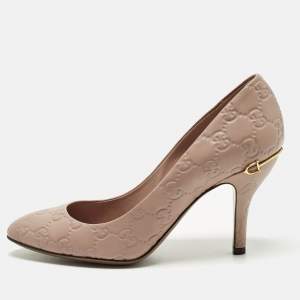 Pre Owned Gucci Guccissima Size 37.5 Pink Leather Horsebit Heel Pumps