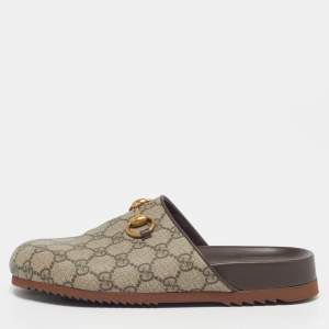 Pre Owned Gucci Horsebit Size 37.5 Beige/Brown GG Supreme Canvas and Leather Flat Mules