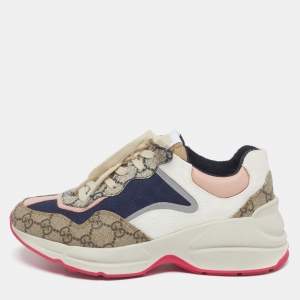 Pre Owned Gucci Rhyton Size 37.5 Multicolor GG Supreme Canvas, Fabric and Leather Lace Up Sneakers