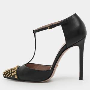 Pre Owned Gucci Coline Studded Size 35 Black Leather T Strap Pumps