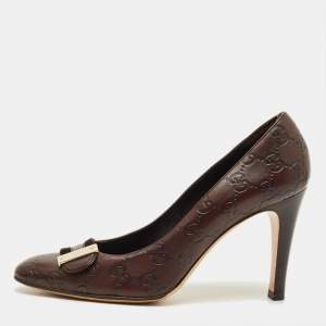 Pre Owned Gucci Guccissima Size 38 Dark Brown Leather Velvet Metal Buckle Pumps