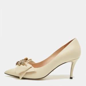 Pre Owned حذاء كعب عالي غوتشي مارغريت الملكة جلد لون قشدي مقاس 38.5