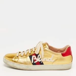 Pre Owned Gucci Ace Size 39.5 Metallic Gold Leather Web Blind For Love Low Top Sneakers
