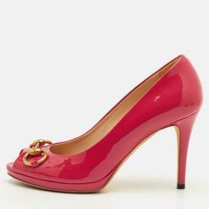 Pre Owned Gucci Horsebit Size 37 Scarlet Pink Leather Peep Toe Pumps