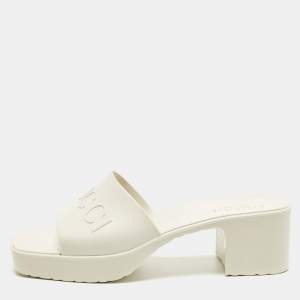 Pre Owned Gucci Size 37 White Rubber Block Heel Slide Sandals