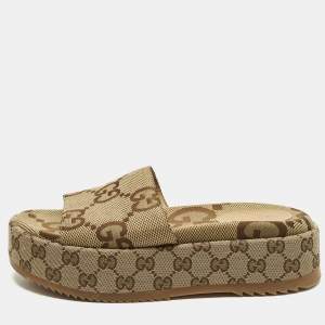Pre Owned Gucci Size 38.5 Brown GG Canvas Platform Slide Sandals