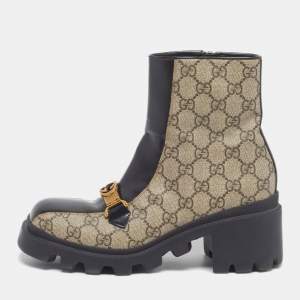 Pre Owned حذاء بوت غوتشي من قماش وجلد أسود/بيج بطول الكاحل مقاس 37.5