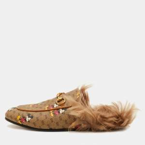 Pre Owned Gucci x Disney Princetown Size 37.5 Brown Mickey Mouse Print GG Supreme Canvas Flat Mules