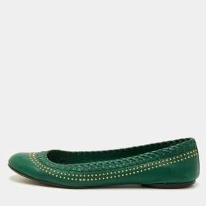 Pre Owned Gucci Studded Size 38.5 Green Leather Ballet Flats