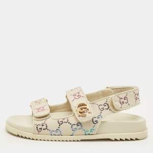 Pre Owned صندل غوتشي نسيج شبكي وزخرفة كريستال جي جي أسود مع جلد سويدي نعل سميك مقاس 39