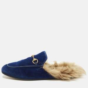 Pre Owned صندل سلايد غوتشي برينستون قطيفة أزرق رويال ومبطن فرو مزين هورسبيت مقاس 39