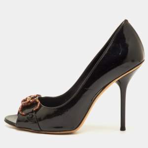 Pre Owned حذاء كعب عالي غوتشي مقدمة مفتوحة بيت جلد أسود براءة اختراع حجم 36 قشرة سلحفاة بيت 