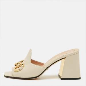 Pre Owned Gucci Horsebit Size 37 Cream Leather Block Heel Slide Sandals