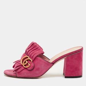 مملوكة مسبقًا Gucci GG Marmont Fringe Pink Suede Leather Open Toe Slide Sandals