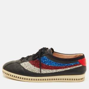 Pre Owned Gucci Falacer Size 40 Black Leather and Glitter Web Low Top Sneakers