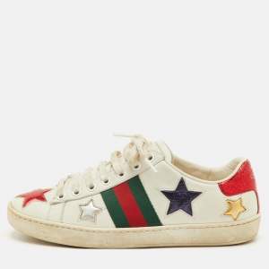 Pre Owned Gucci Ace Web Size 35 White Leather Star Low Top Sneakers