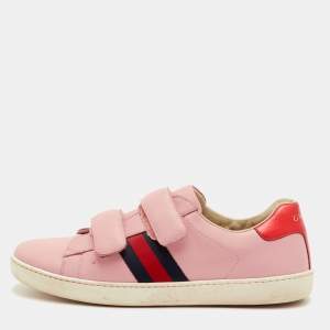 Pre Owned Gucci Ace Velcro Web Size 38 Pink Leather Low Top Sneakers