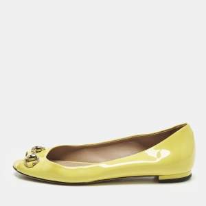 Pre Owned Gucci Horsebit Size 36.5 Yellow Patent Leather Peep Toe Ballet Flats