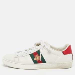 Pre Owned Gucci Ace Size 36.5 White Leather and Python Embossed  Lace Up Sneakers