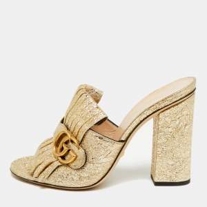 Pre Owned Gucci Marmont GG Size 39 Metallic Foil Leather Fringe Slide Sandals