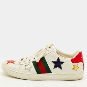 Pre Owned Gucci Ace Web Size 35.5 White Leather Metallic Stars Low Top Sneakers