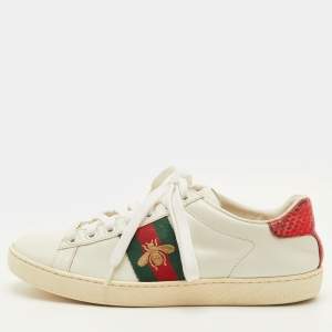 Pre Owned Gucci Ace Web Size 36 White Leather Bee Embroidered Low Top Sneakers