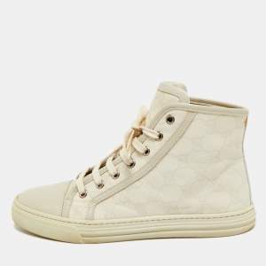 Pre Owned Gucci GG Size 37 Beige/Grey Canvas and Leather High Top Sneakers