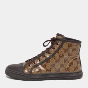 Pre Owned Gucci Trim California Size 37 Dark Brown/Beige Coated Canvas and Leather High Top Sneakers