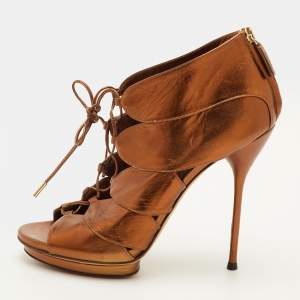Pre Owned Gucci Size 36 Metallic Brown Leather Lace Up Booties