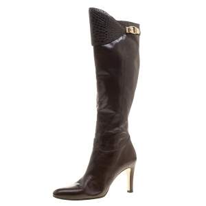 Pre Owned Gucci Brown Leather Croc Trimmed Calf Length Boots Size 39