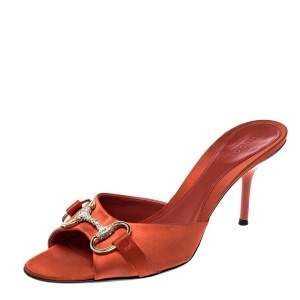 Pre Owned Gucci Orange Satin Crystal Embellished Horsebit Slides Size 37