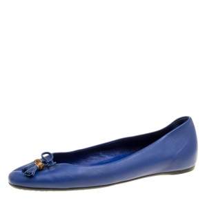 Pre Owned Gucci Blue Leather Bamboo Bow Ballet Flats Size 38.5
