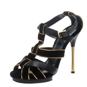 مملوكة مسبقًا Gucci Black Velvet and Leather Malika Strappy Sandals Size 37.5