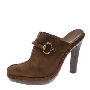 Pre Owned Gucci Brown Suede Horsebit Platform Clog Mules Size 39