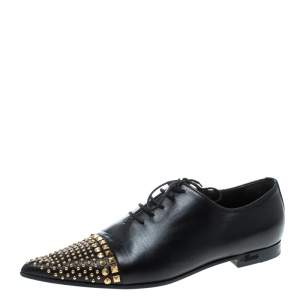 Pre Owned Gucci Black Leather Studded Pointed Toe Loafers Size 37