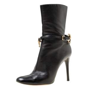 Pre Owned Gucci Black Leather Chain Link Ankle Booties Size 36