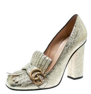 Pre Owned Gucci Metallic Gold Foil Leather GG Marmont Fringe Detail Block Heel Pumps Size 39.5