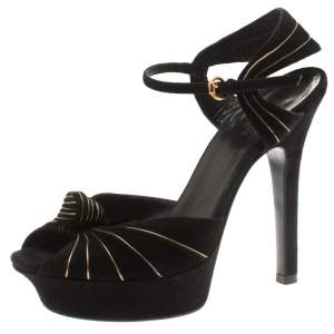 Pre Owned Gucci Black Suede Knot Detail Peep Toe Platform Sandals Size 36